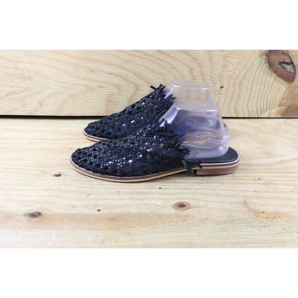 Free People Sandals 11 Black Mirage Woven 41 Mules Fringe Slides New - Picture 1 of 8